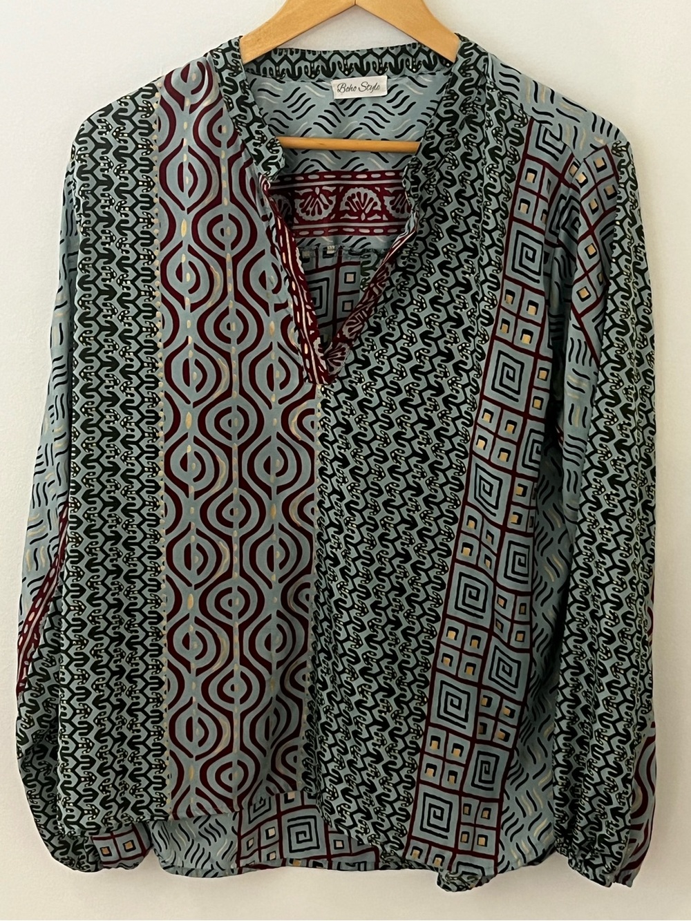 Boho Style Vintage Silk Blend Printed Tunic Blouse - Unique Geometric Print
